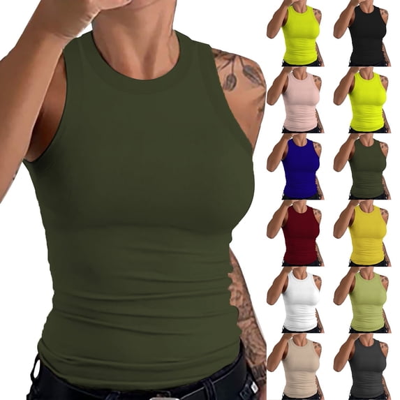 Baberdicy Women's Ribbed Tank Tops Racerback High Neck Sleeveless Solid Color Casual Summer Camisoles, Red1 L