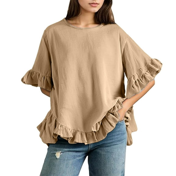 Baberdicy Women's Ruffle Collar Blouse - Summer Short Sleeve Button down Shirt, Casual Loose Fit Round Neck Top with Feminine Details (A | L)