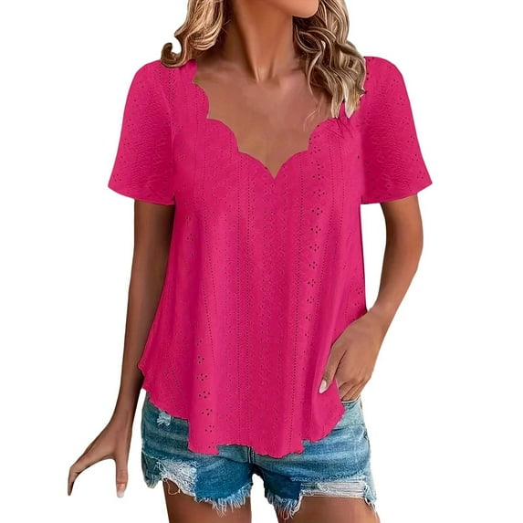 Baberdicy Women's Scallop Edge V-Neck T-Shirt – Summer Casual Short Sleeve Blouse, Soft Breathable Pure Color Top, Flowy Relaxed Fit Feminine Tee (Hot Pink | L)