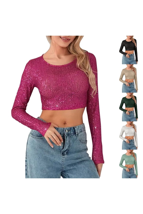 Women's Sequin Crop Tops Long Sleeve Crew Neck Glitter Sparkly Casual Going Out Tees, White S