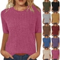 thumbnail image 1 of Baberdicy Women's Short Sleeve Sweaters Ribbed Crewneck Solid Color Soft Casual Summer Knit Tops, Wine S, 1 of 5