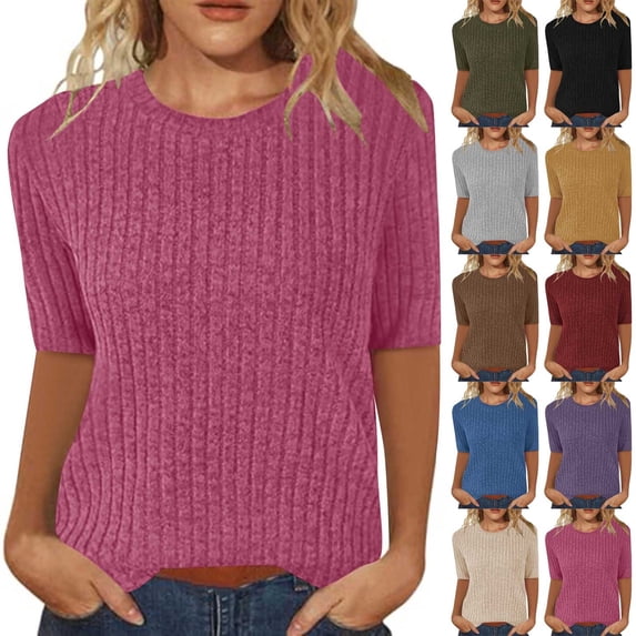 Baberdicy Women's Short Sleeve Sweaters Ribbed Crewneck Solid Color Soft Casual Summer Knit Tops, Wine S