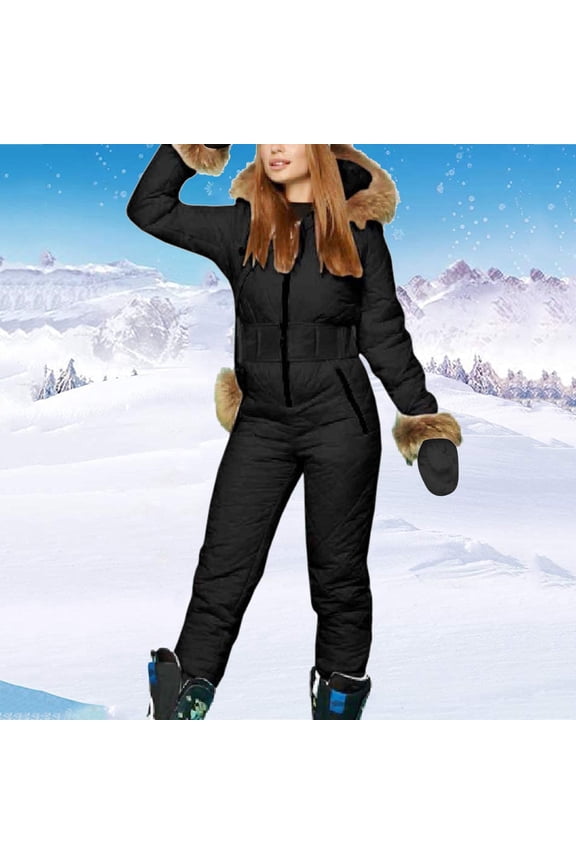 Women's Ski Suit Set, Hooded One-Piece Snowsuit with Zipper (Includes Gloves & Bag) , Ski-Suit with Gloves & Bag, Hooded Snow Set, Snowboard Outfit Kit Black L