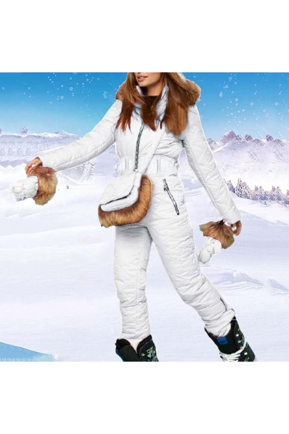 Women's Ski Suit Set, Hooded One-Piece Snowsuit with Zipper (Includes Gloves & Bag) , Ski-Suit with Gloves & Bag, Hooded Snow Set, Snowboard Outfit Kit White S
