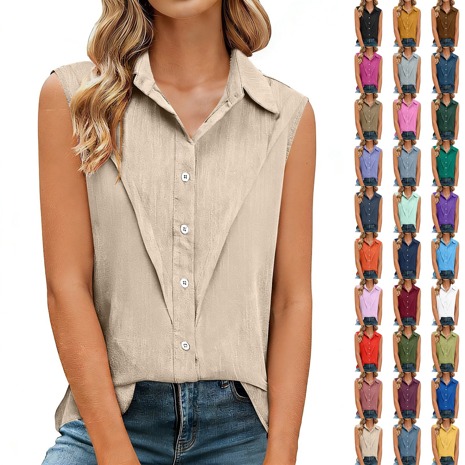 Baberdicy Women's Sleeveless Linen Shirts Collared Button down Solid ...