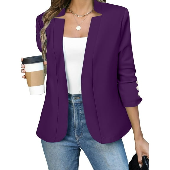 Baberdicy Women's Slim Fit Blazer, Business Casual Long Sleeve Open Front Jacket , Tailored Business Blazer, Open-Front Suit Jacket, Office Layer Purple L