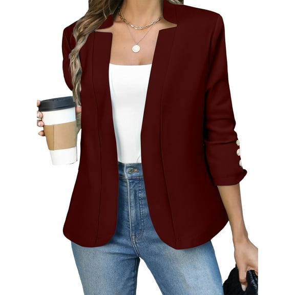 Baberdicy Women's Slim Fit Blazer, Business Casual Long Sleeve Open Front Jacket , Tailored Business Blazer, Open-Front Suit Jacket, Office Layer Red2 L
