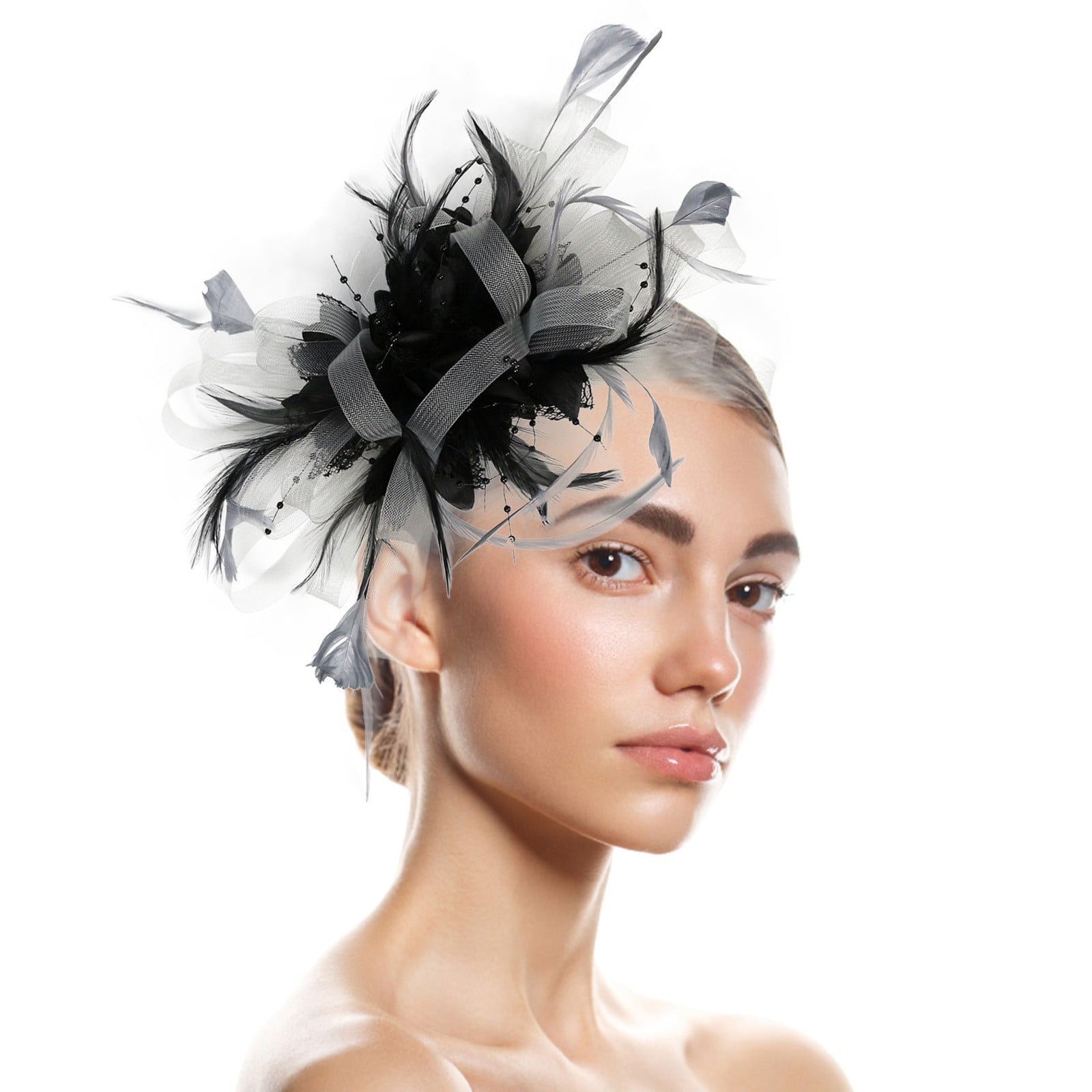 Elegant Black Fascinator with Feathers and Netting Aocisk Wedding Fascinator Hat with Netting and Feathers  main image 4