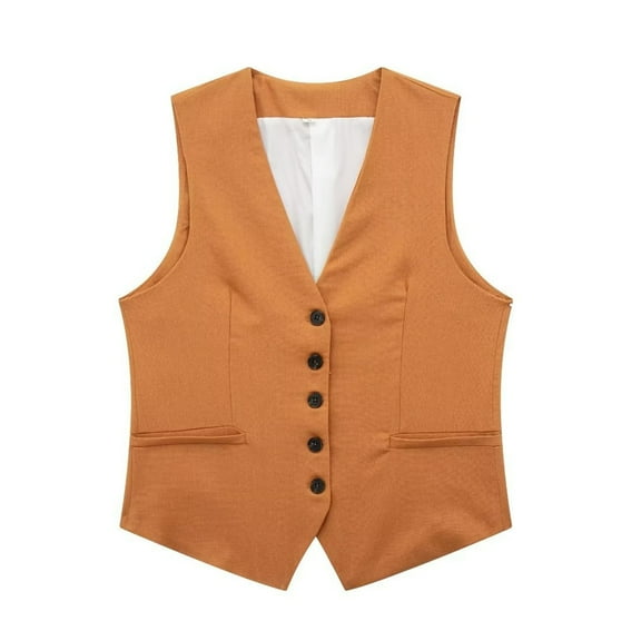 Baberdicy Women's Solid Color Casual Linen Blend Vest Jacket | Women's Jacket Clearance! Orange Large