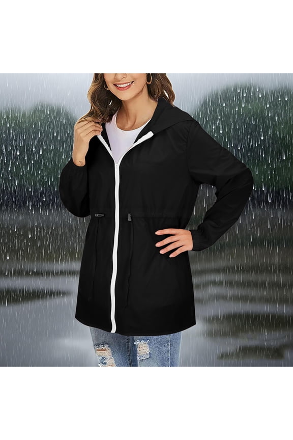 Women's Solid Color Rain Jacket, Lightweight Fitted Sports Outdoor Zipper Coat , Waterproof Rain Coat, Packable Storm Jacket, Wet-Weather Layer Black S