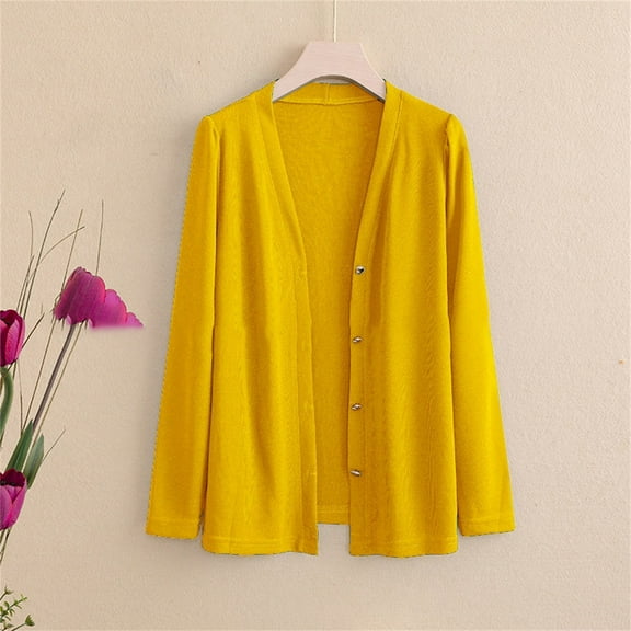 Baberdicy Women's Solid Color V-Neck Knit Cardigan, Lightweight Long Sleeve Open Front Fall Sweater , Solid Knit Cardigan, Fall Open-Front Sweater, Casual Layer Yellow L