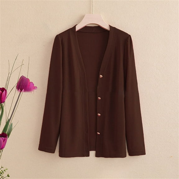 Baberdicy Women's Solid Color V-Neck Knit Cardigan, Lightweight Long Sleeve Open Front Fall Sweater , Solid Knit Cardigan, Fall Open-Front Sweater, Casual Layer Coffee Xxl