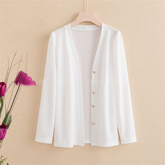 Baberdicy Women's Solid Color V-Neck Knit Cardigan, Lightweight Long Sleeve Open Front Fall Sweater , Solid Knit Cardigan, Fall Open-Front Sweater, Casual Layer White Xl