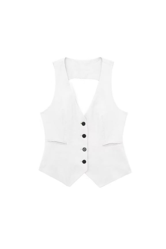 Women's Solid Suit Vest, Sleeveless V-Neck Waistcoat, Business Meeting & Formal Layer , Solid Suit Vest, Tailored Waistcoat, Office Sleeveless Layer White L
