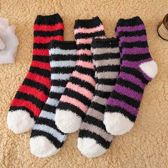 Baberdicy Women's Striped Plush Coral Fleece Socks, Long Tube House Slipper Socks for Winter,Crimson Red Fits All – Gift Ready