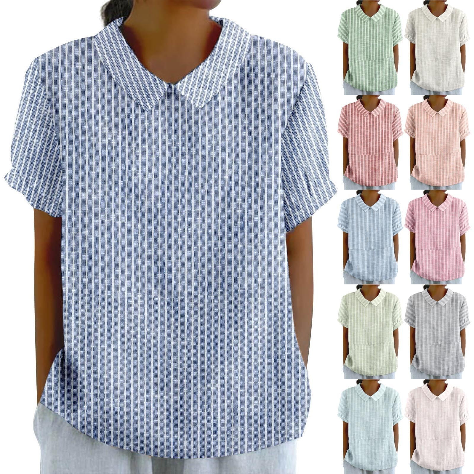 Baberdicy Women's Striped Shirts Lapel Collar Back Button Long Sleeve ...