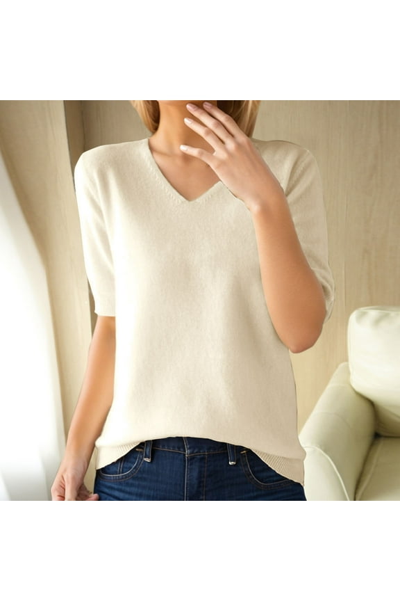 Women's Sweater Women's V-Neck Half-Sleeve Knit Top – Trendy Loose-Fit Sweater Tee for Layering Over Camis Or Under Blazers | Soft Breathable Yarn, Weekend to Work Friendly, Beige L