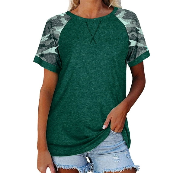 Baberdicy Women's T-Shirts Women Camouflage Print Crew Neck Short Sleeve Colorblock T Shirt Top Womens Tops Green