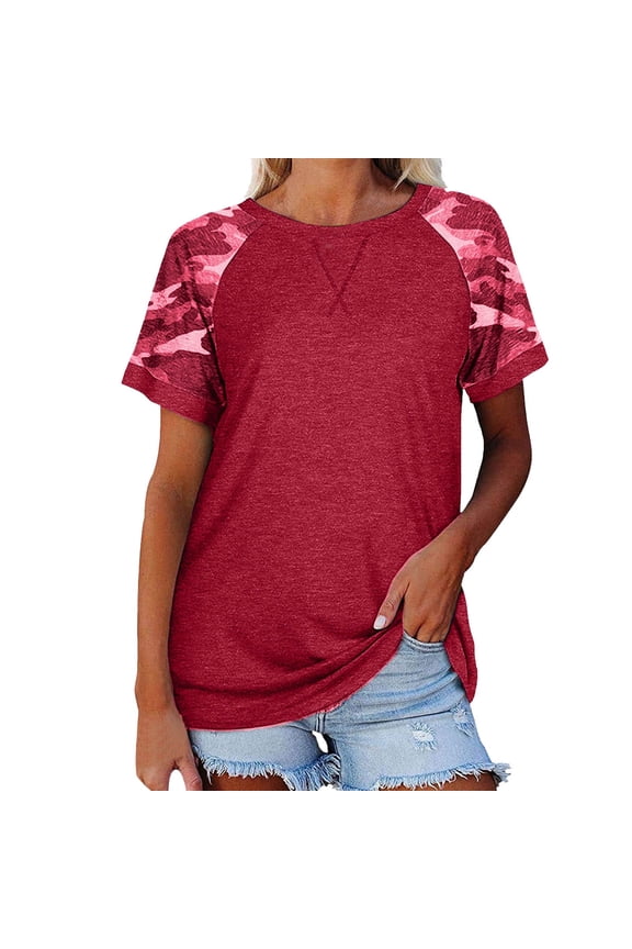 Women's T-Shirts Women Camouflage Print Crew Neck Short Sleeve Colorblock T Shirt Top Womens Tops Wine