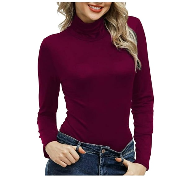 Baberdicy Women's T-Shirts Women Mock Turtleneck Long Sleeve Pullover High Neck Tight Fitting Priming T Shirt Womens Tops Red