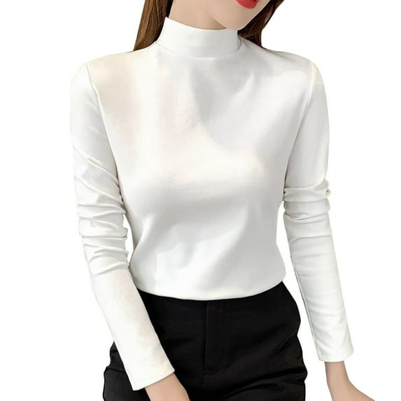 Baberdicy Women's T-Shirts Women Slim Casual Solid Long Sleeve Mock Turtleneck Blouse Tops Slim Fit Stretchy Layer Tee Shirts Womens Tops White