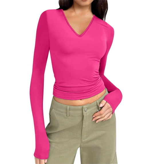 Baberdicy Women's T-Shirts Women's Long Sleeve V Neck Short Top T Shirt Basic Solid Tight Tailored Short Top Womens Tops Hot Pink