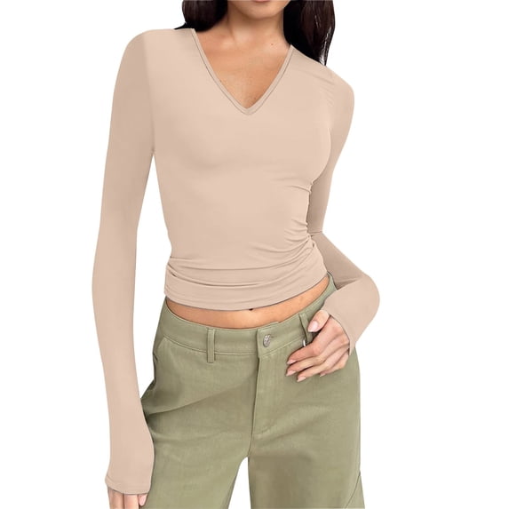 Baberdicy Women's T-Shirts Women's Long Sleeve V Neck Short Top T Shirt Basic Solid Tight Tailored Short Top Womens Tops Khaki
