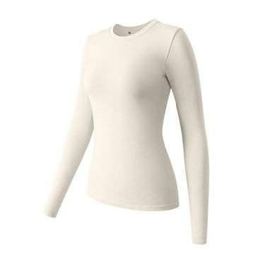 Baberdicy Women's T-Shirts Women's Spring and Autumn Leisure Loose Fit Tight Elastic Solid Long Sleeve Round Neck T Shirt Top Womens Tops Beige