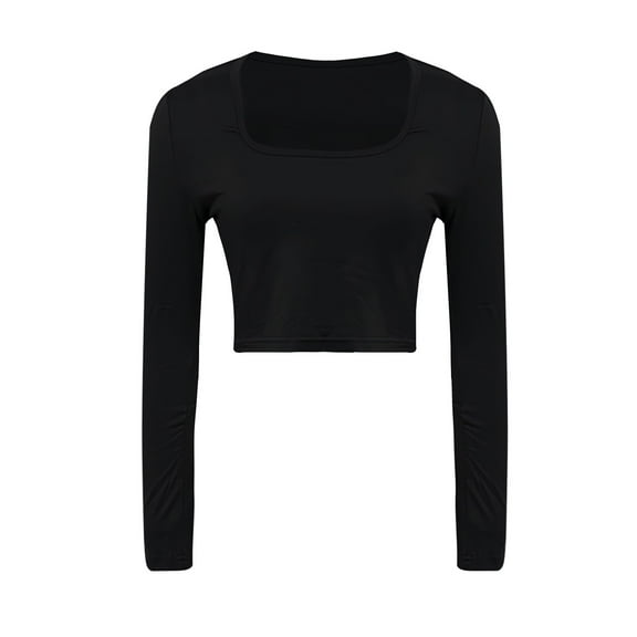 Baberdicy Women's T-Shirts Women's Spring and Autumn Leisure Tight Elastic Solid Long Sleeve Round Neck T Shirt Top Womens Tops Black
