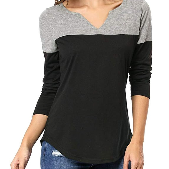 Baberdicy Women's T-Shirts Womens Autumn Long Sleeve Side Slit Loose Casual Pullover Versatile V Neck Splicing Contrast Color Base Long Top Womens Tops Black