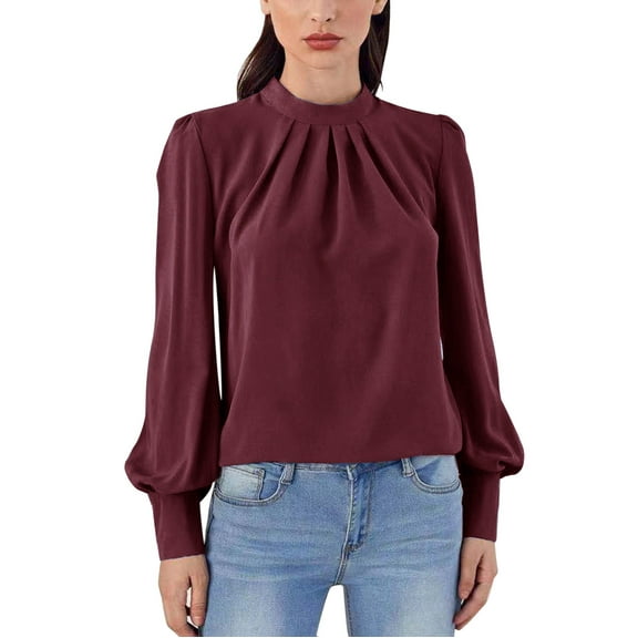 Baberdicy Women's T-Shirts Womens Mock Neck Crew Neck Blouses Long Sleeve Business Casual Tops Shirt Womens Tops Red