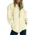 thumbnail image 1 of Baberdicy Women's Track Style Jacket, Fall Oversized Zippered Pocket Sweatshirt with Drawstring Hood , Oversized Fleece Hoodie, Drawstring Zip Jacket, Streetwear Layer Khaki S, 1 of 4