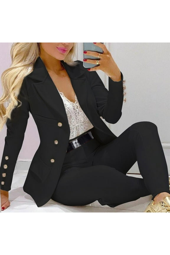 Women's Two-Piece Suit Set, Solid Color Long Sleeve Blazer with Matching Trousers , Two-Piece Pantsuit Set, Solid Blazer & Trousers, Office-Ready Ensemble Black Xxl