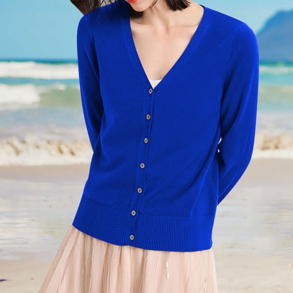 Baberdicy Women's V Neck Button down Cardigan, Classic Long Sleeve Soft Knit Sweater , V-Neck Cardigan for Women, Blue L
