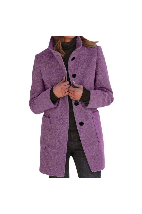 Women's Vintage Wool Blend Coat, Long Stand Collar Single Breasted Pea Coat for Winter , Vintage Double-Breasted Coat, Wool-Blend Long Jacket, Retro Overcoat Purple Xxl