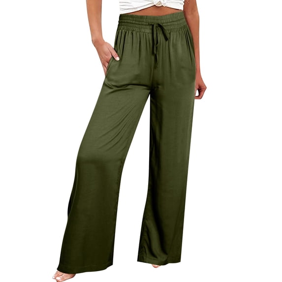 Baberdicy Women's Wide Leg Lounge Pants with Pockets Lightweight High Waisted Adjustable Tie Knot Loose Trousers Army Green, Size: S-3Xl