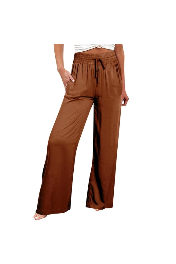Women's Wide Leg Lounge Pants with Pockets Lightweight High Waisted Adjustable Tie Knot Loose Trousers Brown, Size: S-3Xl
