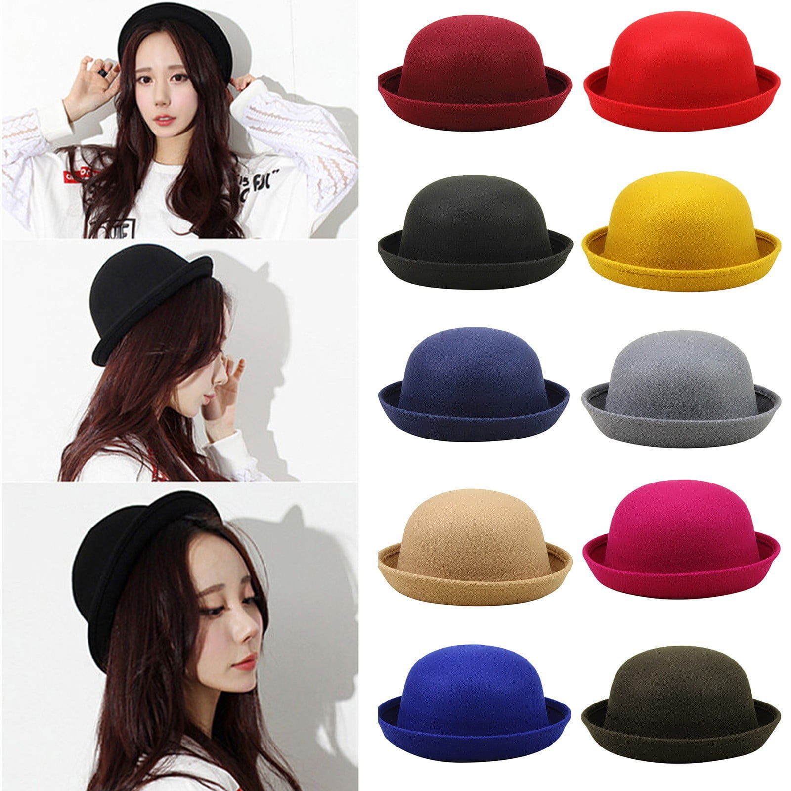 Baberdicy Women's Wool Blend Bowler Hat, Solid Color Round Dome Cloche ...