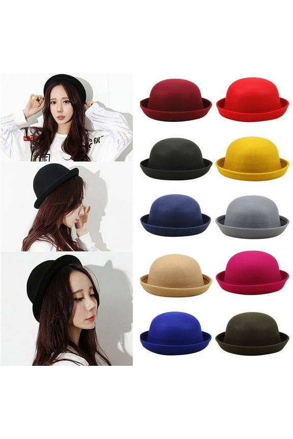 Women's Wool Blend Bowler Hat, Solid Color Round Dome Cloche Cap, Vintage Classic Yellow Universal Fit