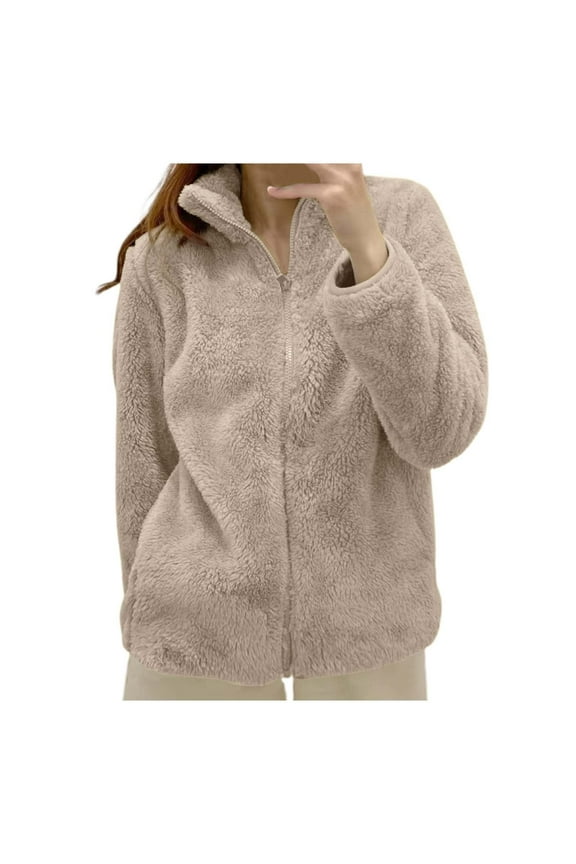 Women's Wool Blend Top, Soft Warm Long Sleeve Pullover for Autumn Winter , Wool-Blend Fuzzy Jacket, Winter Soft Coat, Warm Plaid Layer Khaki S