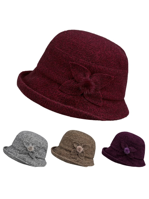 Women's Wool Felt Cloche Hat, Winter Round Top Fisherman Bucket Cap, Vintage Style Dress Hat,Crimson Red M