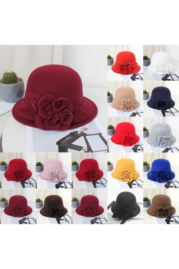Women's Wool Felt Floppy Hat with 3D Flower, Winter Fisherman Bucket Cap, Classic Cloche Dress Hat,Optical White M