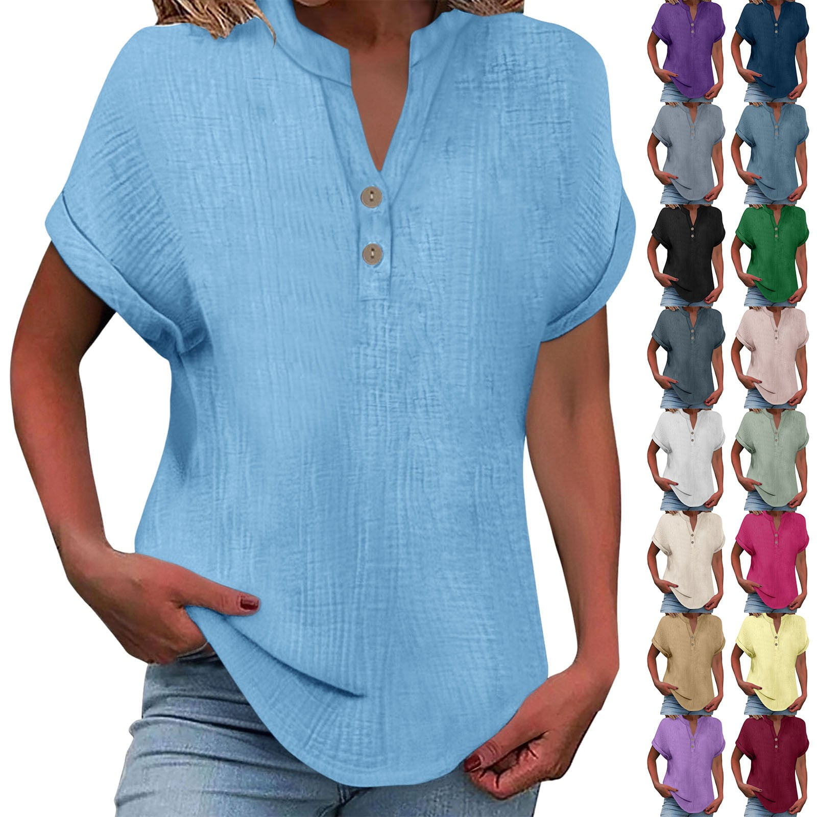 Baberdicy Women's Wrinkled Fabric Tops V Neck Short Sleeve Button down ...