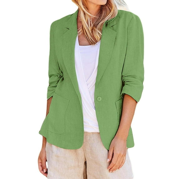 Baberdicy Womens Blazer Linen Suit Jackets Women Casual 3/4 Stretchy Ruched Sleeve Lightweight Work Office Jacket with Pockets Blazers for Women Business Casual Green L