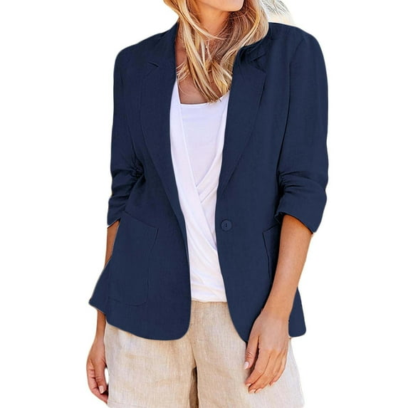 Baberdicy Womens Blazer Linen Suit Jackets Women Casual 3/4 Stretchy Ruched Sleeve Lightweight Work Office Jacket with Pockets Blazers for Women Business Casual Dark Blue L