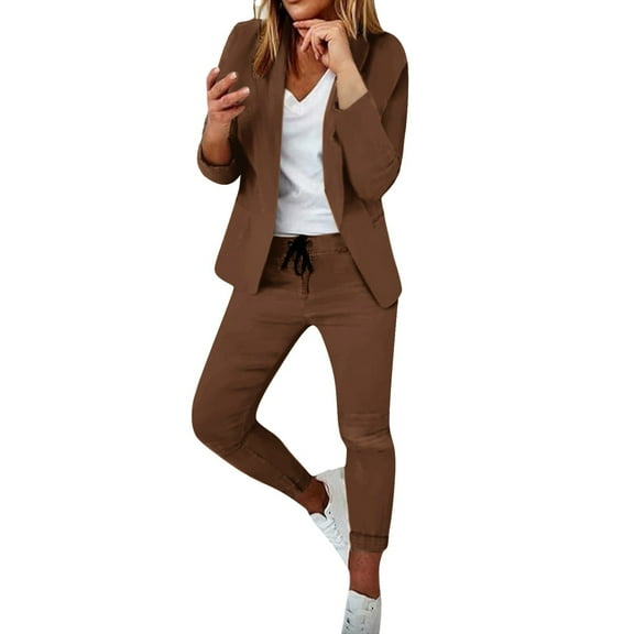 Baberdicy Womens Business Work Suit Set Lapels Blazer Pants for Office Lady Suit Set Slim Fit Blazer Pant Coffee, Size: S-2Xl