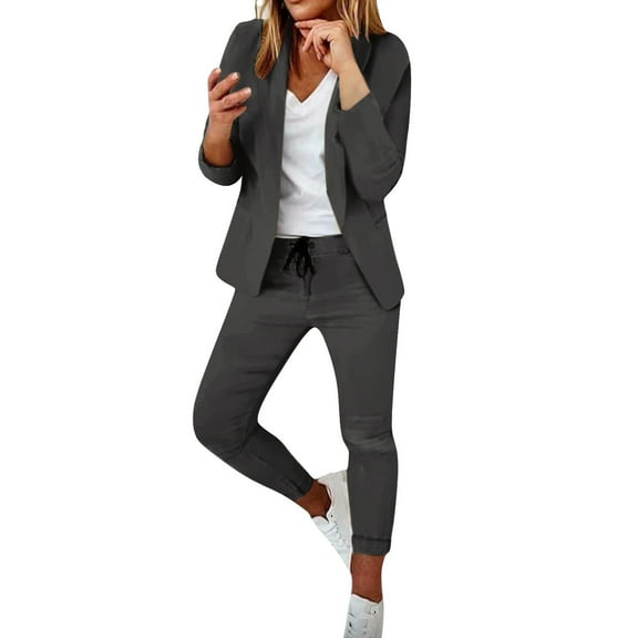 Baberdicy Womens Business Work Suit Set Lapels Blazer Pants for Office Lady Suit Set Slim Fit Blazer Pant Dark Gray, Size: S-2Xl