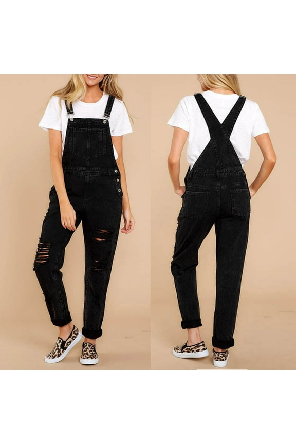Womens Jeans Casual Rompers Pants Overalls Bib Hole Demin Jeans Denim Women Straps Trousers Women's Jeans Jumpsuit Black