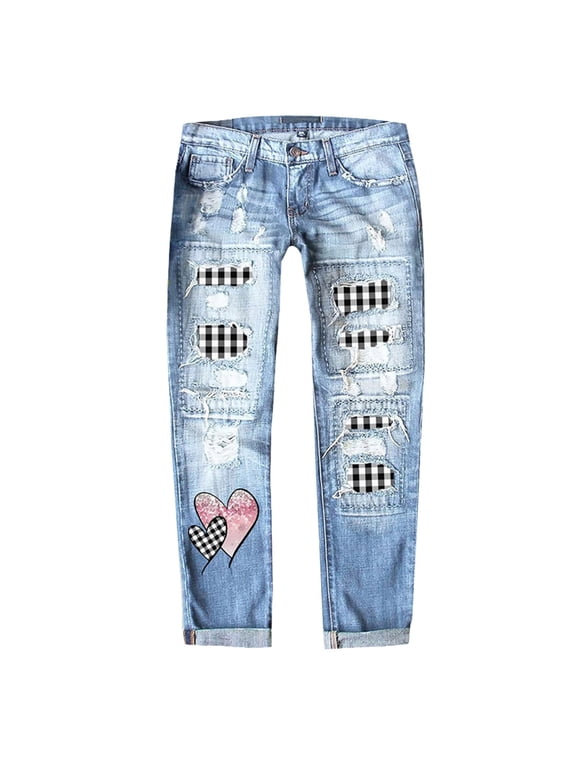 Womens Jeans Women's Autumn and Winter Valentine's Day Jeans Printed Hole Thickened Trousers Features: Ripped Jeans Womens
