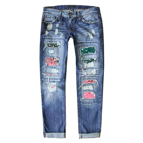 Baberdicy Womens Jeans Women's Autumn and Winter Valentine's Day Jeans Printed Hole Thickened Trousers Ripped Jeans Womens